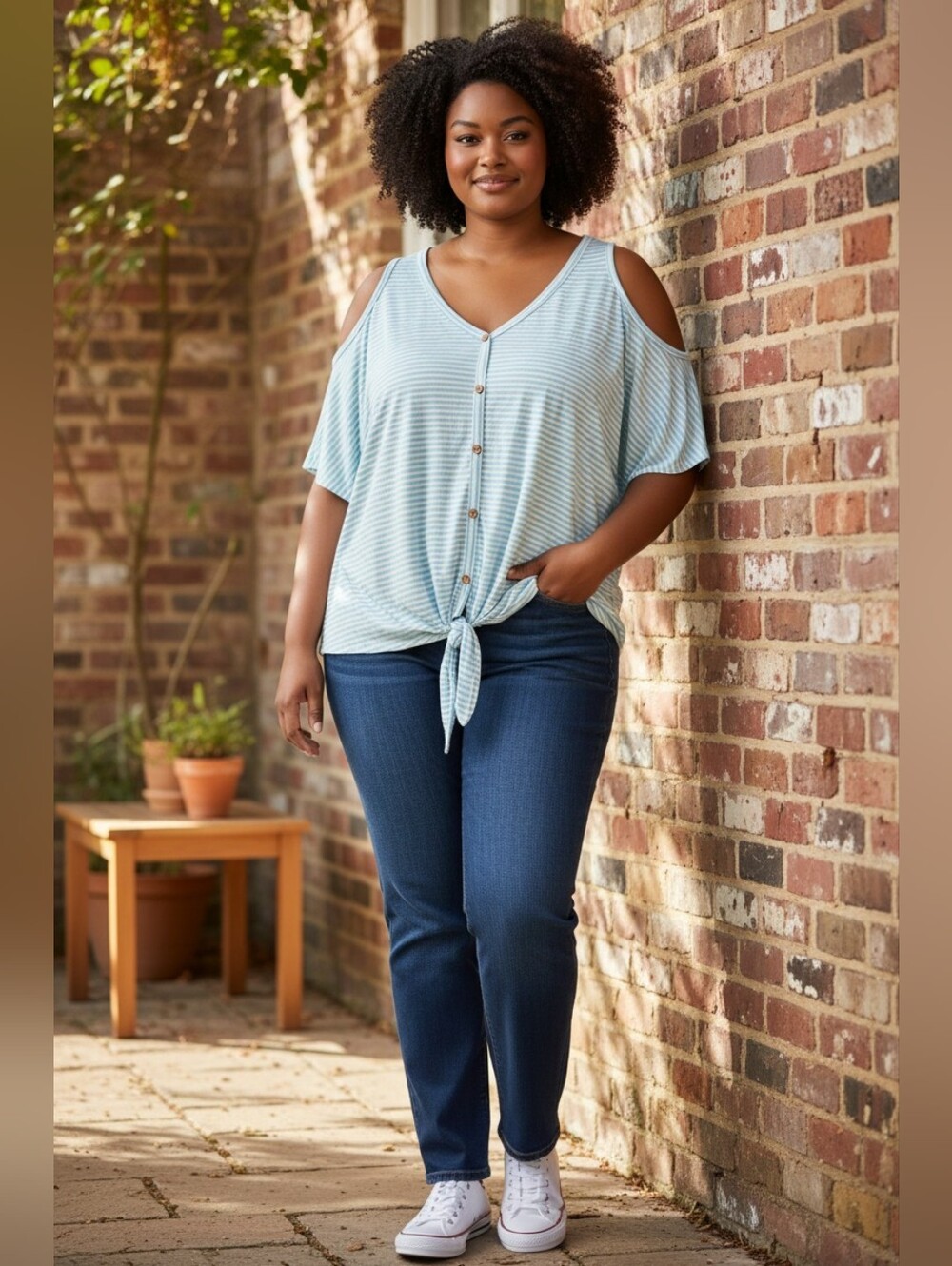 e.Luna Cold-Shoulder Tie Hem Striped Top in Five Colors Size 3X - Picture 7 of 14
